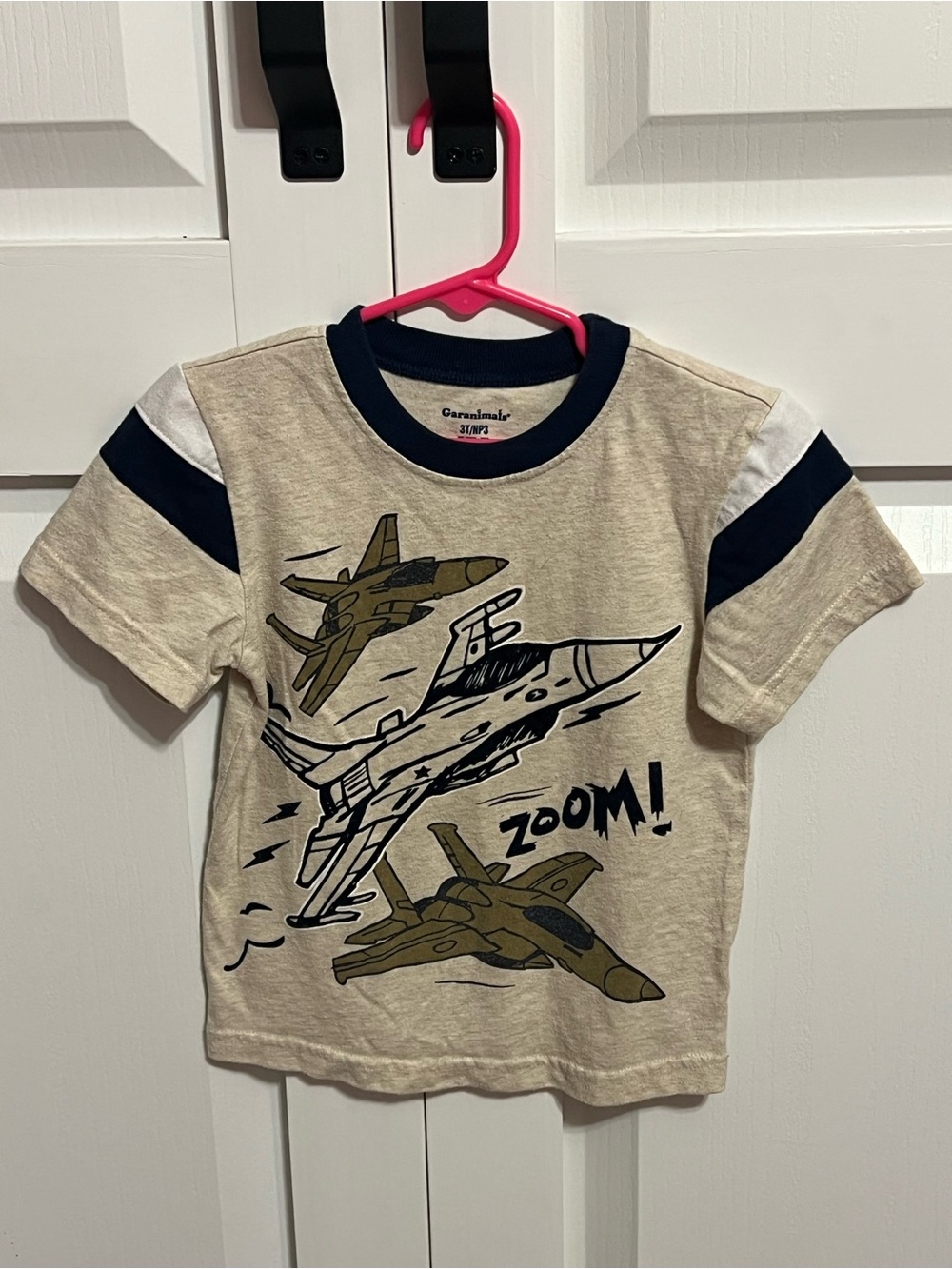 Kids Beige Navy Trim Jet Graphic Tee